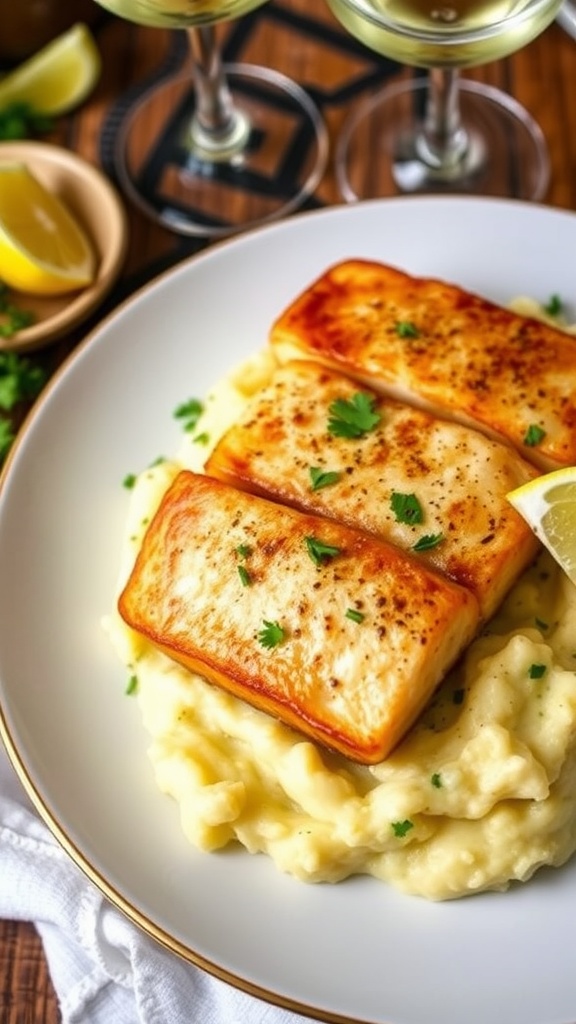 Pan-seared sea bass fillet on roasted garlic mashed potatoes, garnished with parsley and lemon, on a rustic table.